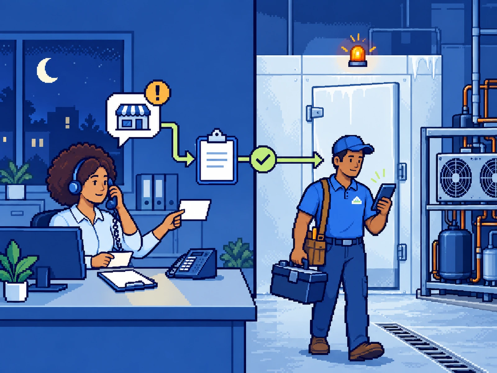 A dispatcher routes an after-hours refrigeration call to an on-call technician.