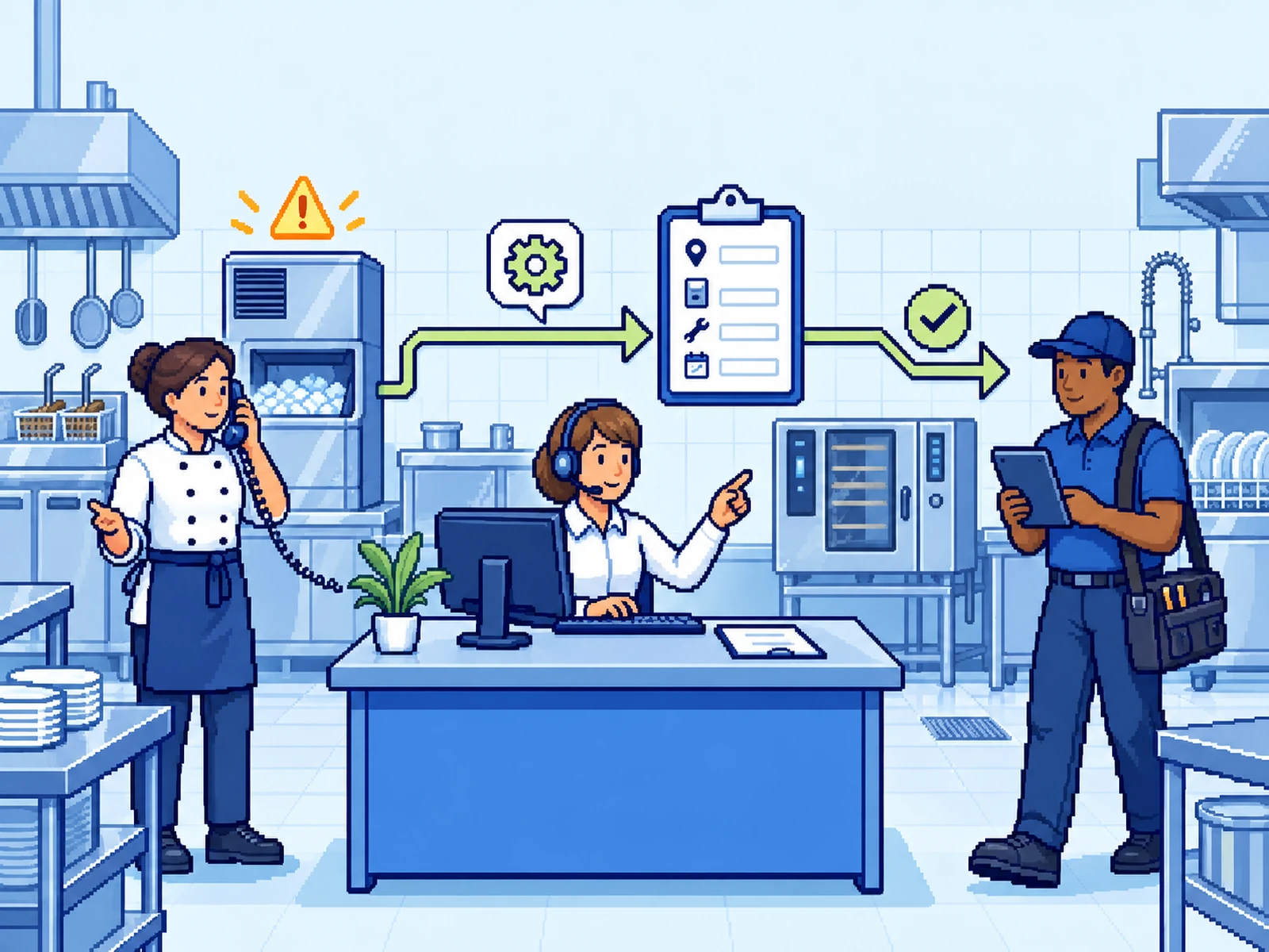A commercial kitchen service request moving from caller to dispatcher and technician.