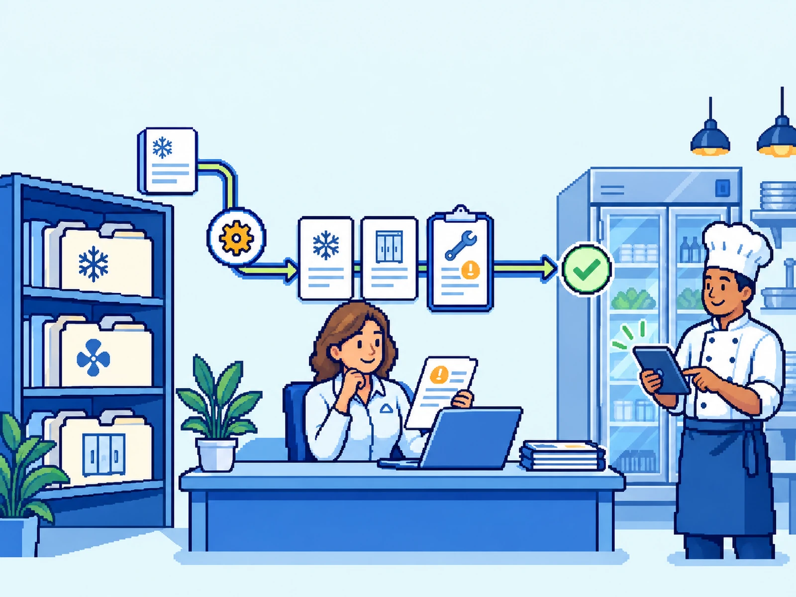 A service manager reviews maintenance history before a human-approved customer follow-up.