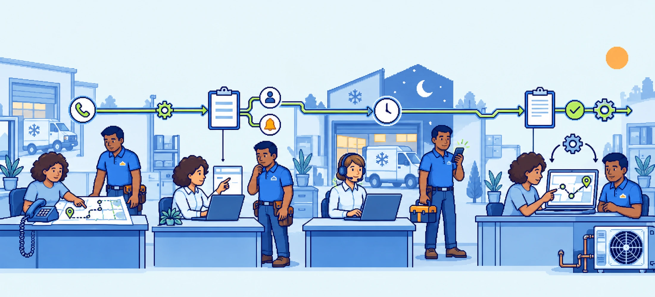 Four connected implementation moments: tracing, configuring, piloting, and improving a dispatch route.